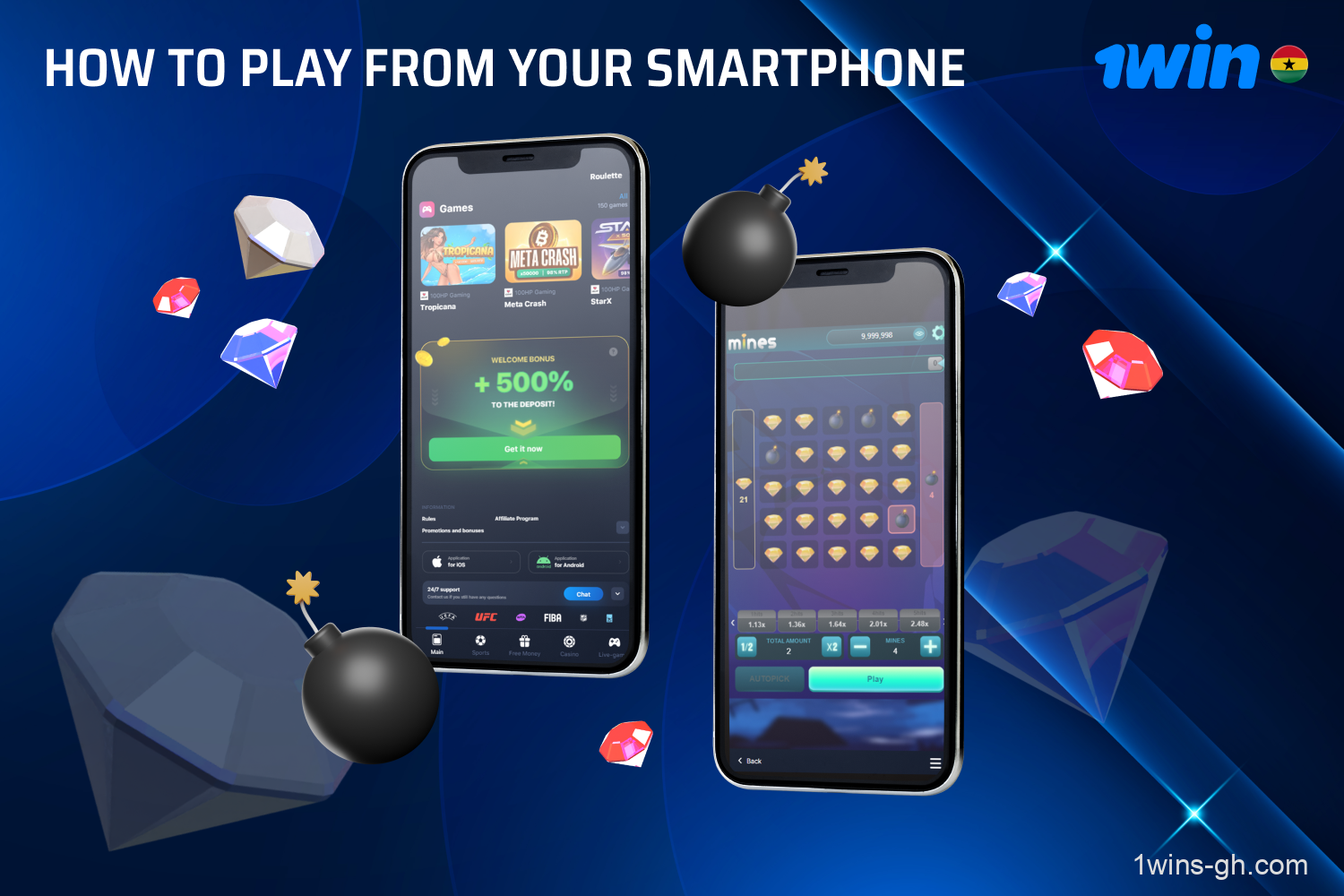 To enhance your gaming experience and expand your bankroll in Mines, consider utilizing various promotions and bonuses offered on the casino's site and mobile app. New players can benefit from the welcome bonus, which grants a total of 500% up to 7,150 GHS after their first four deposits.