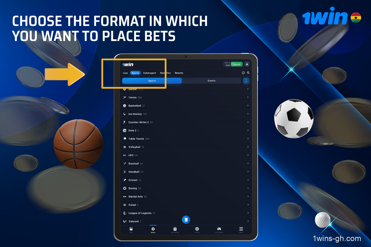Choose how you would like to place your bets – either on pre-match or active live events. Then, navigate to the respective category using the top navigation menu.