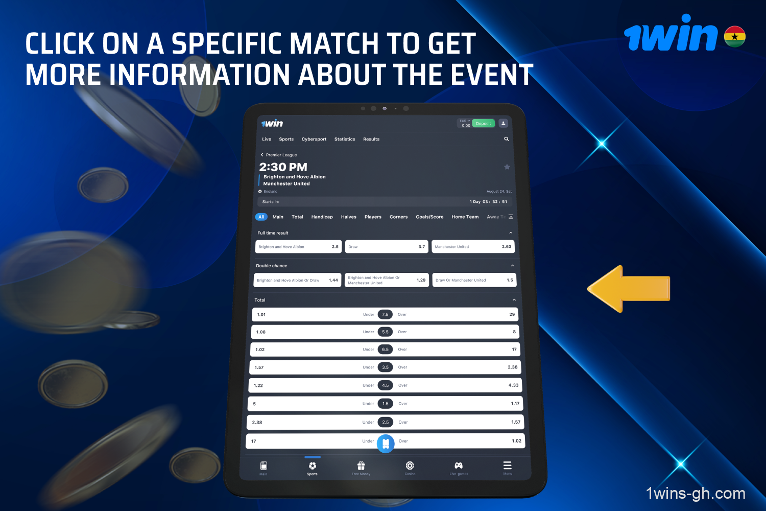 Click on a particular match to learn more about the event. Here you can analyze information regarding the teams and, during live events, access broadcasts. You will have the opportunity to view all betting markets for that match, not just the popular bets.
