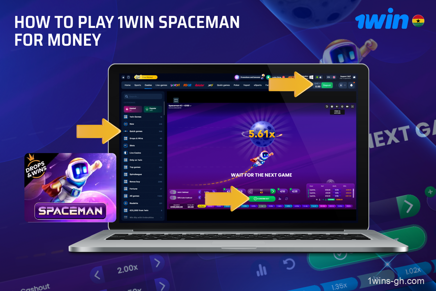 Here are some easy steps for Ghanaian players to quickly start playing Spaceman 1win for real money.