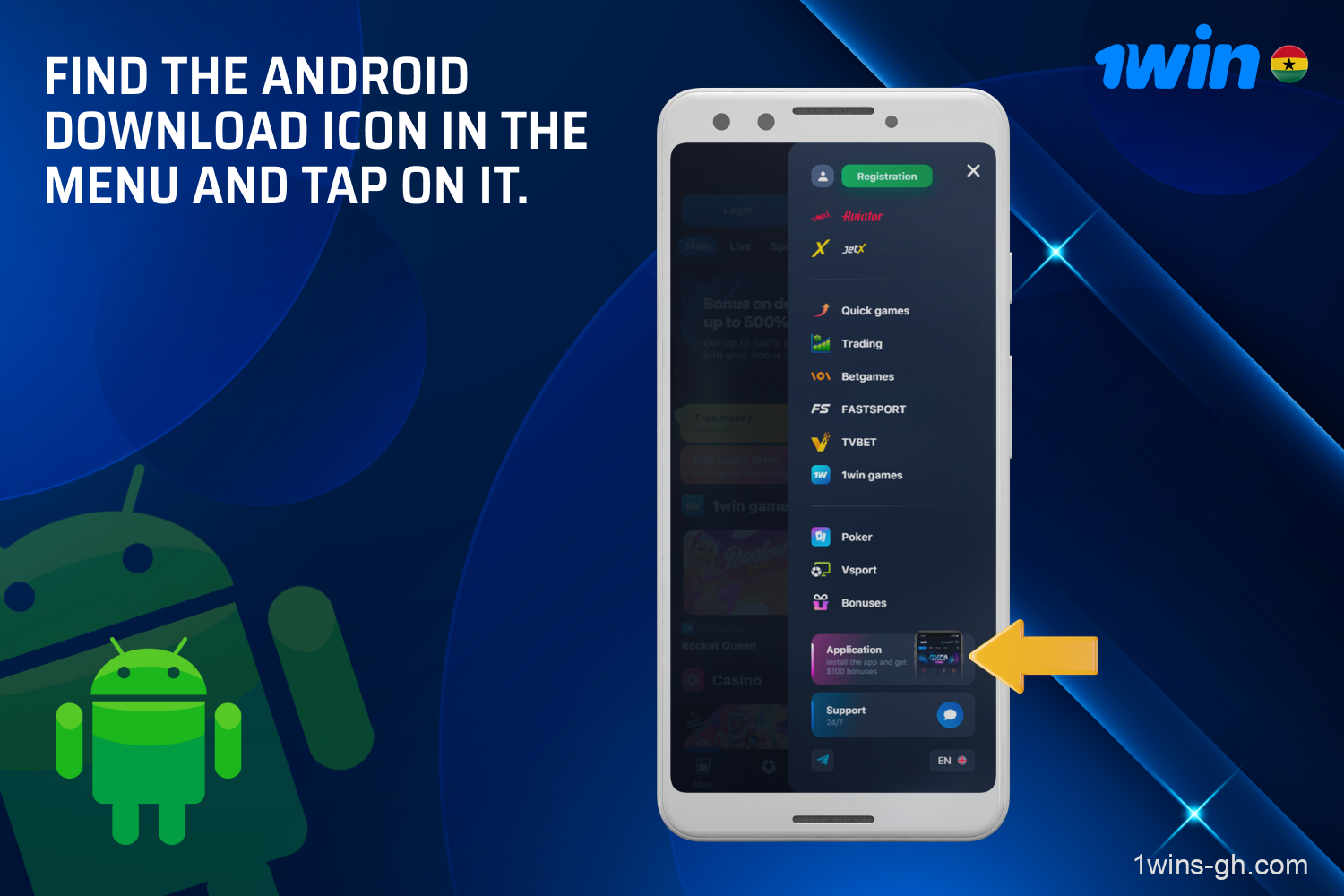 Look for the Android icon on the 1win website menu to download the APK for installation.