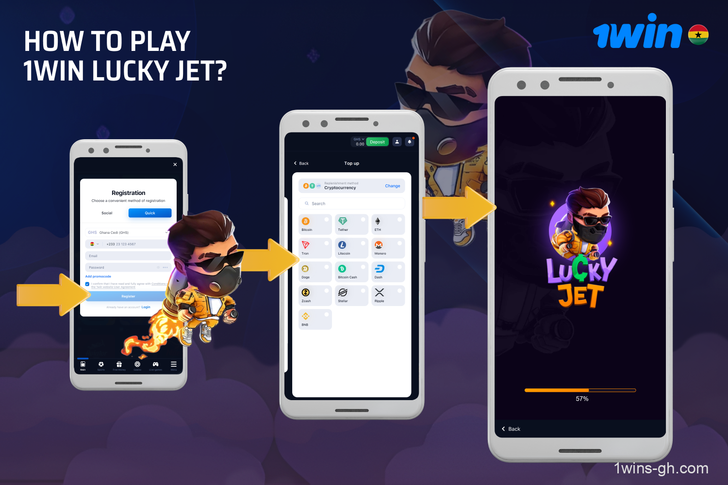 To indulge in 1win Lucky Jet, players from Ghana must register for an account, deposit funds, locate the game in the Casino section, place their bets, and cash out before the jet crashes.