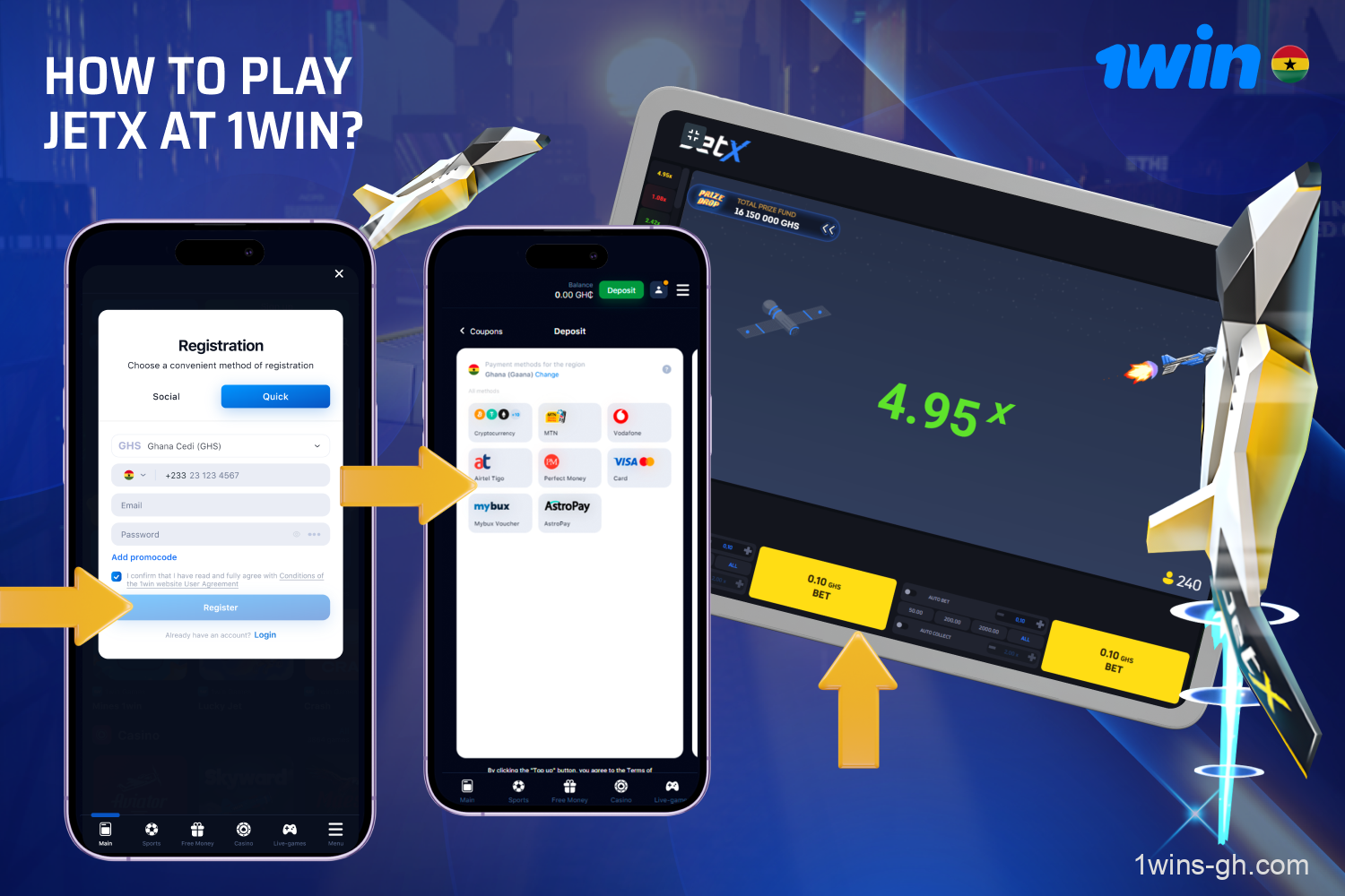 To enjoy JetX at 1win Ghana, simply register, add funds, locate the game in the Casino section, and place your bets.